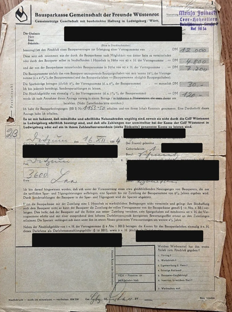 Bausparantrag der Bausparkasse Gemeinschaft der Freunde Wüstenrot aus dem Jahr 1954